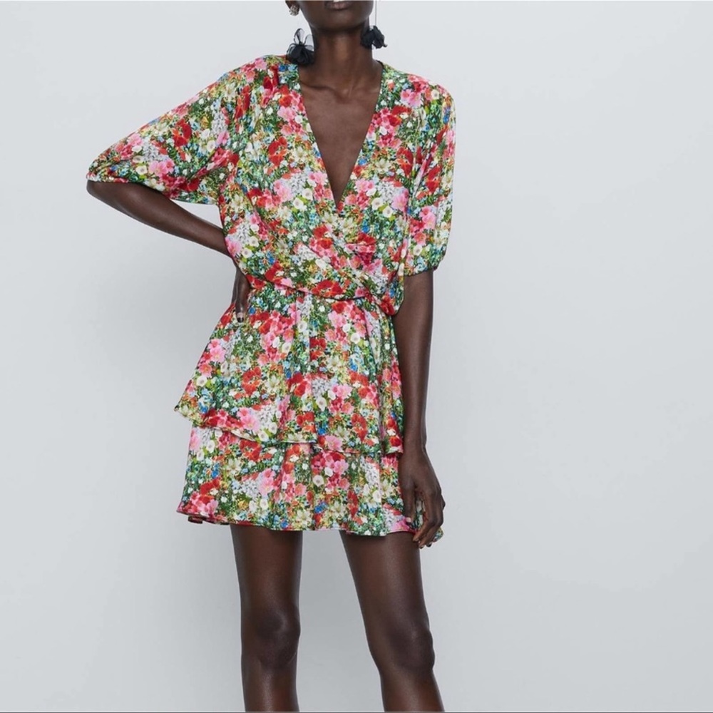 Zara Satin Floral Print Ruffle Mini Dress L